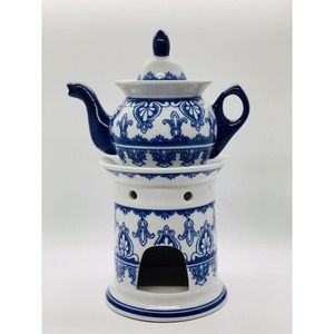 Bombay Blue/White Porcelain Single Serve Teapot With Warmer